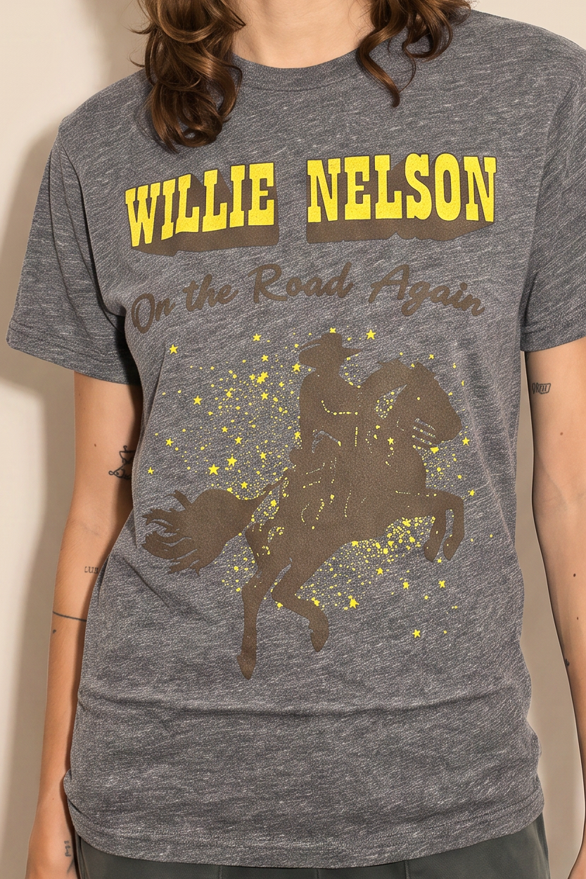 Willie Nelson On The Road Heather Tee Womens T Shirt Grey Officially Licensed
