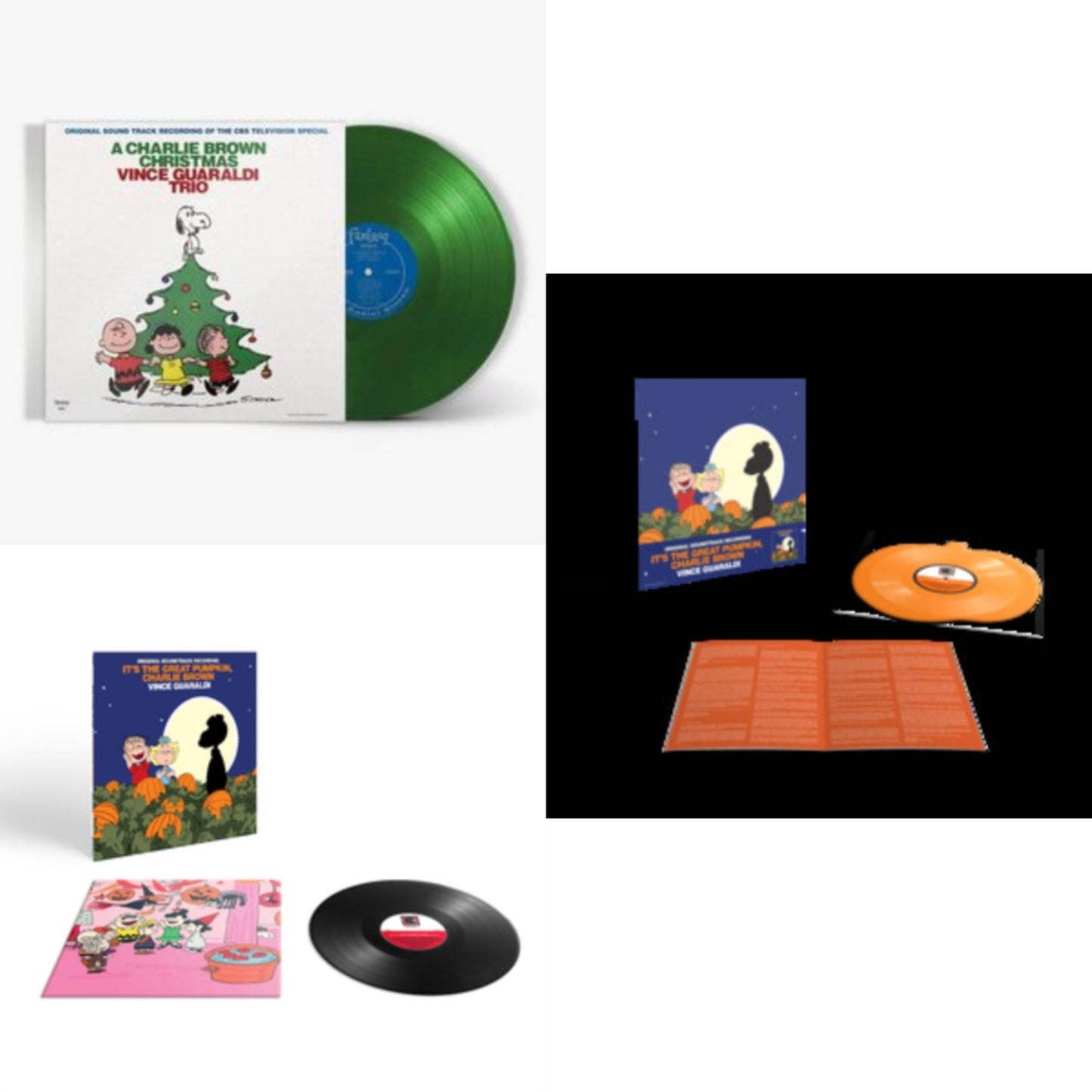 Vince Guaraldi - Charlie Brown Christmas (Green LP Vinyl) & It's The Great Pumpkin, Charlie Brown (45RPM) & It's The Great Pumpkin, Charlie Brown (Translucent Orange Pumpkin Shaped 33 1/3RPM LP Vinyl)