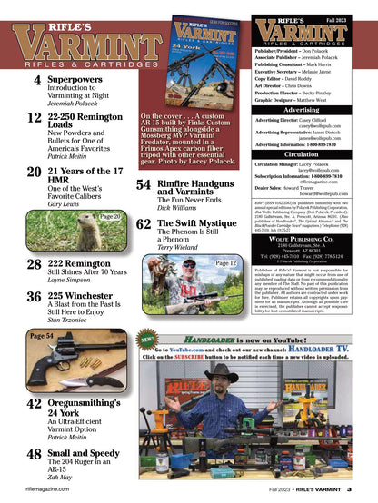 Varmint Rifles & Cartridges Fall 2023 - Varmint Hunting, Night Setups, Gear Guide, 220 Swift, 24 York, .14/221 Walker, 6.5 Creedmoor, Large Game, Bullets, Powder, Long Range, New Wildcat & Loads