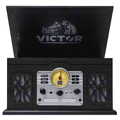 Victor State 7-in-1 Wood Music Center with 3-Speed Turntable and Dual Bluetooth