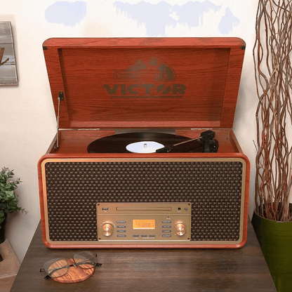 Victor Monument 8-in-1 Wood Music Center with 3-Speed Turntable & Dual Bluetooth