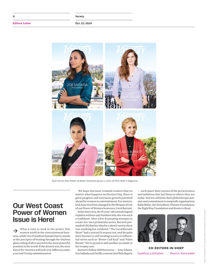 Variety - 24.10.23 Edition: Power Of Women, Zoe Saldaña, Amy Adams, Bela Bajaria, Carol Burnett & 78 Other Trailblazers Making A Difference In The Entertainment Community, Fans Mourn Liam Payne & More