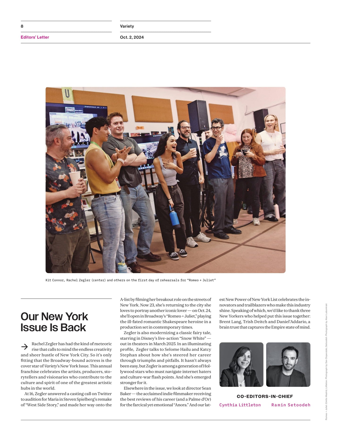 Variety - 24.10.02 Edition:  The New York Issue Starring Rachel Zegler, Telling The Tale Of Modern-Day Romeo & Juliet On Broadway!