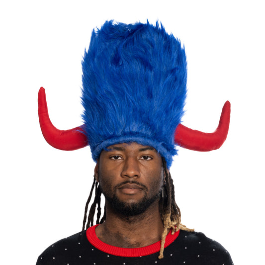 Viking Hat Red and Blue Furry Buffalo with Horns Adult Costume Accessory for Halloween and Cosplay