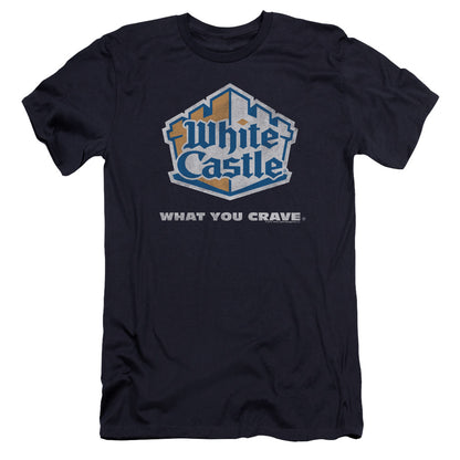 White Castle Distressed Logo Premium Bella Canvas Slim Fit Mens T Shirt Navy