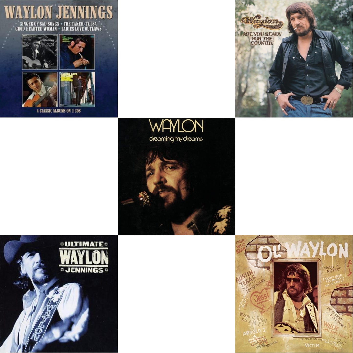 Waylon Jennings - Singer Of Sad Songs / The Taker-Tulsa / Good Hearted Woman / Ladies Love Outlaws & Ultimate Waylon Jennings & Dreaming My Dreams & Are You Ready For The Country & Ol Waylon - CD Bundle