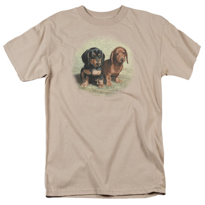 Wildlife Dachshund Pups Mens T Shirt Sand Officially Licensed