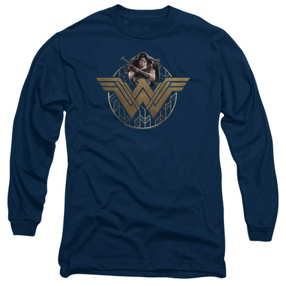 Wonder Woman Movie Power Stance And Emblem Mens Long Sleeve Shirt Navy Officially Licensed