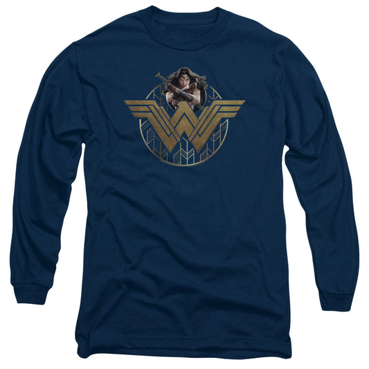 Wonder Woman Movie Power Stance And Emblem Mens Long Sleeve Shirt Navy