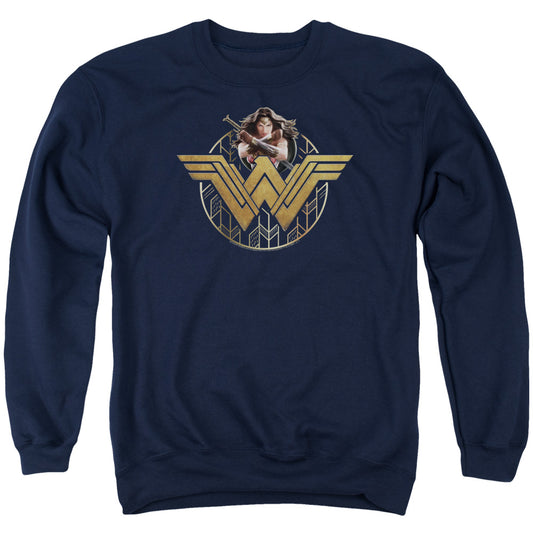 Wonder Woman Movie Power Stance And Emblem Mens Crewneck Sweatshirt Navy