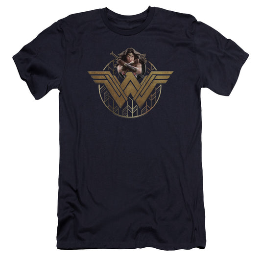 Wonder Woman Movie Power Stance And Emblem Hbo Premium Bella Canvas Slim Fit Mens T Shirt Navy