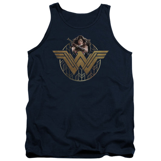 Wonder Woman Movie Power Stance And Emblem Mens Tank Top Shirt Navy