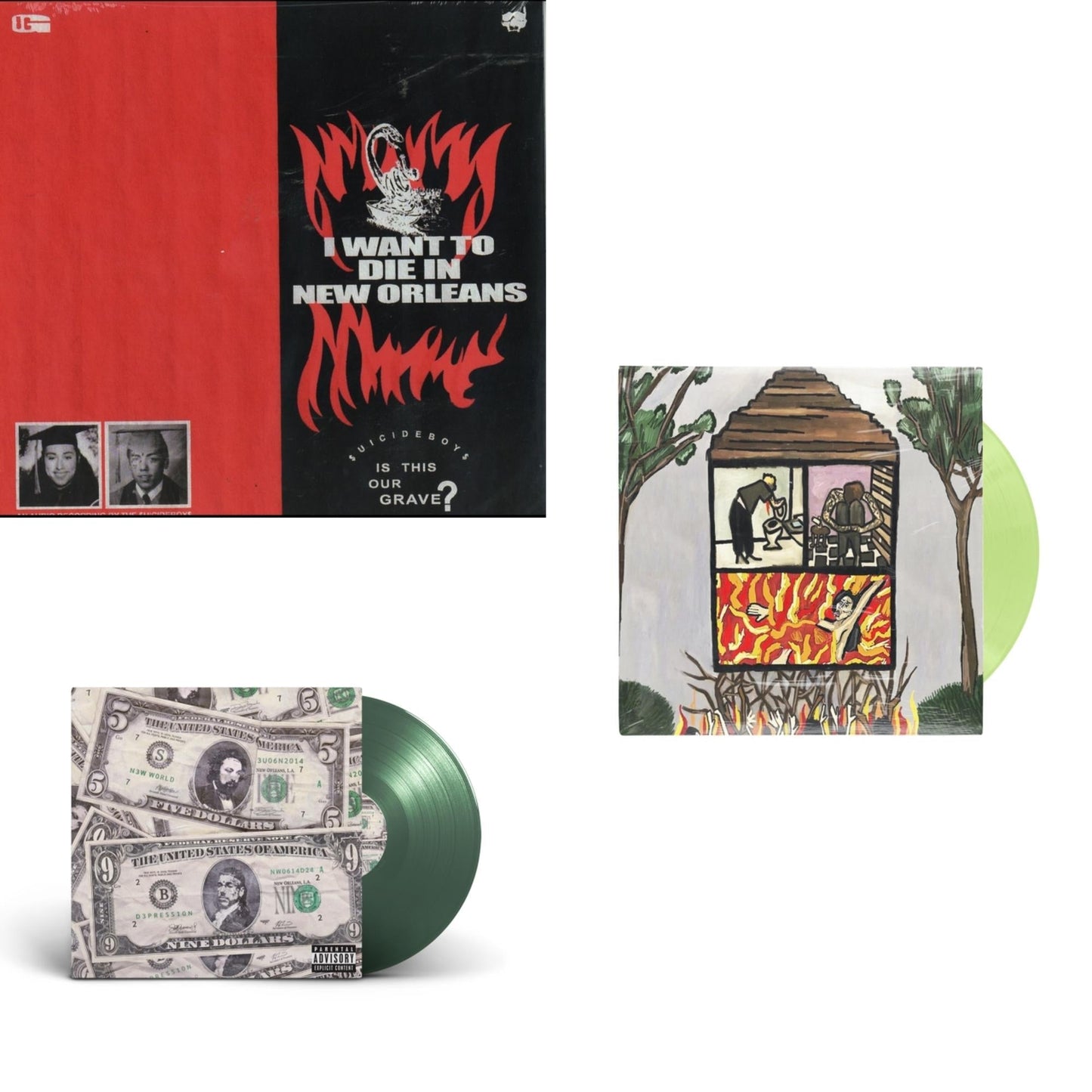 $Uicideboy$ - Long Term Effects Of Suffering (Glow Green LP Vinyl) & New World Depression (Coke Bottle LP Vinyl) & I Want To Die In New Orleans (Red/Black LP Vinyl)