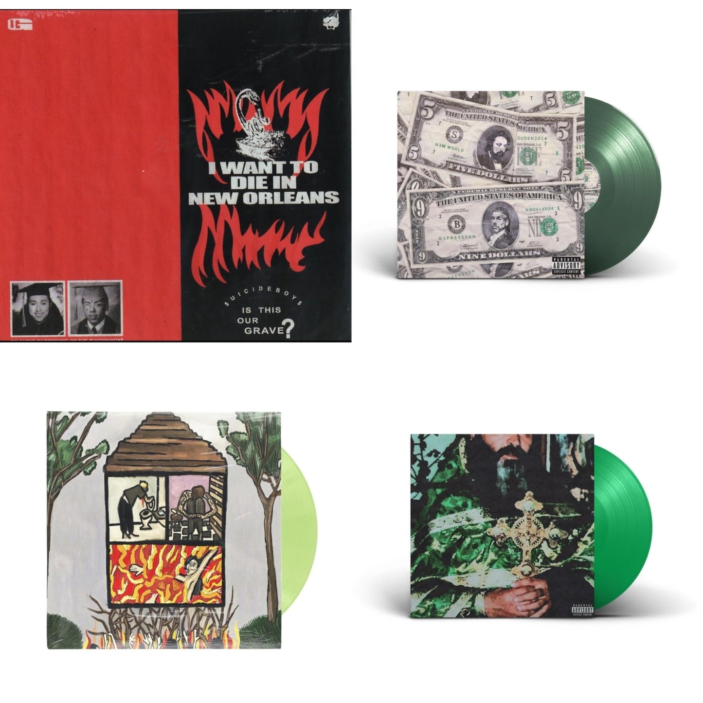 $Uicideboy$ - Long Term Effects Of Suffering (Glow Green LP Vinyl) & Sing Me A Lullaby My Sweet Temptation (Green LP Vinyl) & New World Depression (Coke Bottle LP Vinyl) & I Want To Die In New Orleans (Red/Black LP Vinyl)