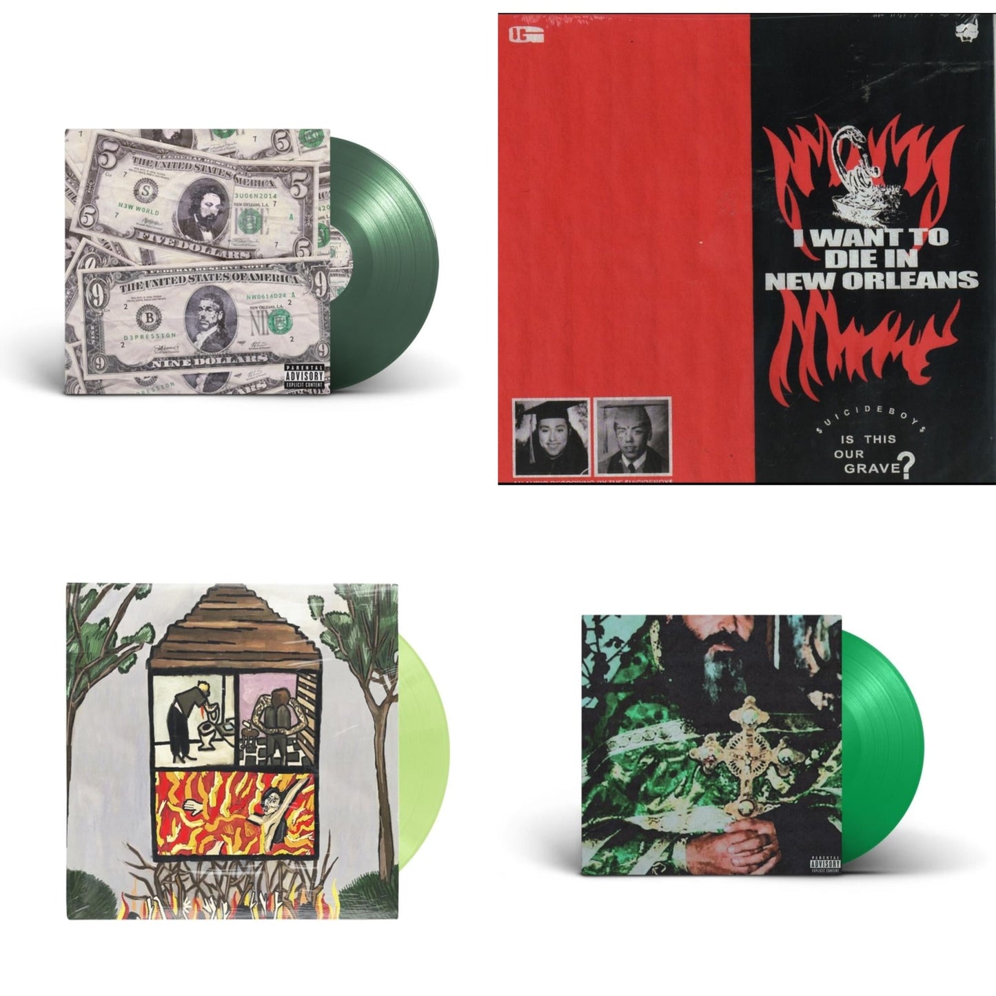 $Uicideboy$ - New World Depression (Coke Bottle LP Vinyl) & I Want To Die In New Orleans (Red/Black LP Vinyl) & Long Term Effects Of Suffering (Glow Green LP Vinyl) & Sing Me A Lullaby My Sweet Temptation (Green LP Vinyl)