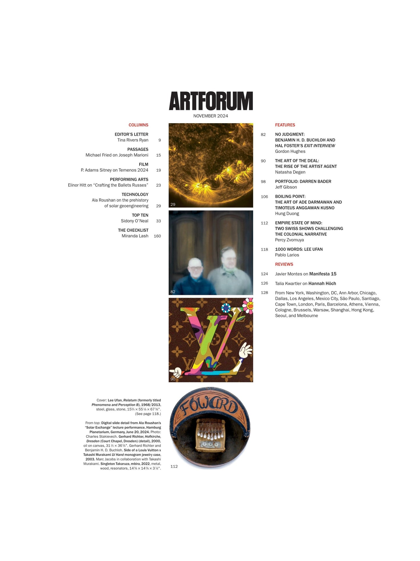 Artforum - November 2024: Lee Ufan’s Art, Manifesta 15 Review, Ade Darmawan’s Vision, Swiss Colonial Narrative, Solar Geoengineering’s History, Ballets Russes’ Influence,  Artist Agents' Rise & More!