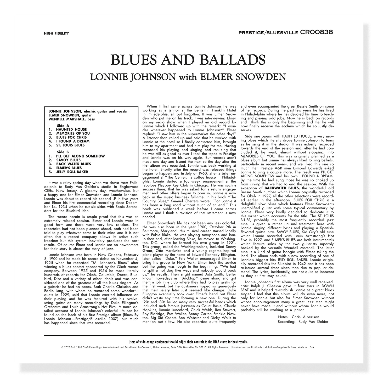 Lonnie Johnson - Blues and Ballads (Bluesville Series) (180g LP) Vinyl Record