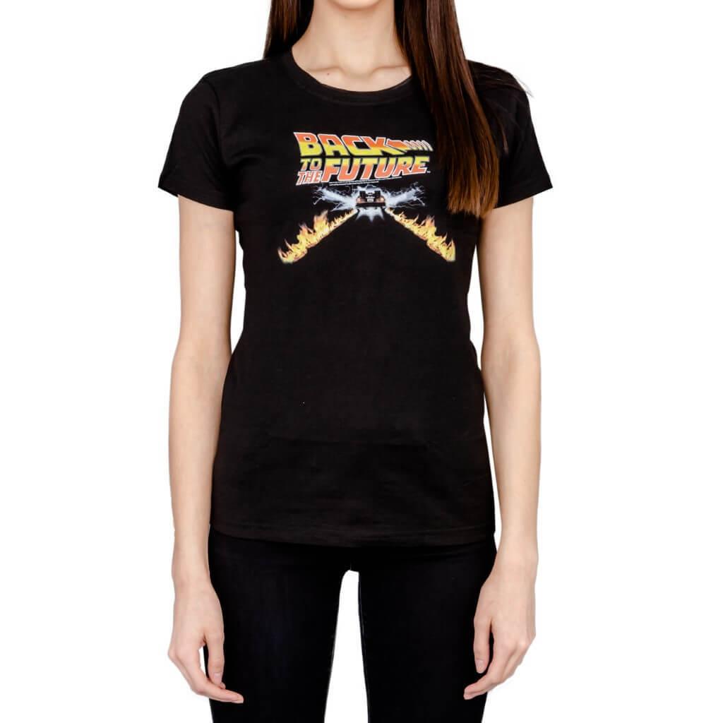 Back to the Future Flames Juniors Womens T Shirt Black