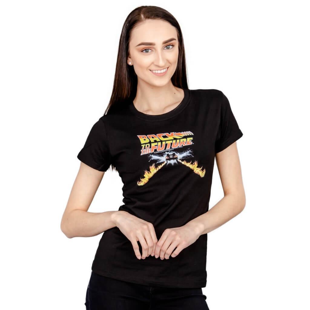 Back to the Future Flames Juniors Womens T Shirt Black