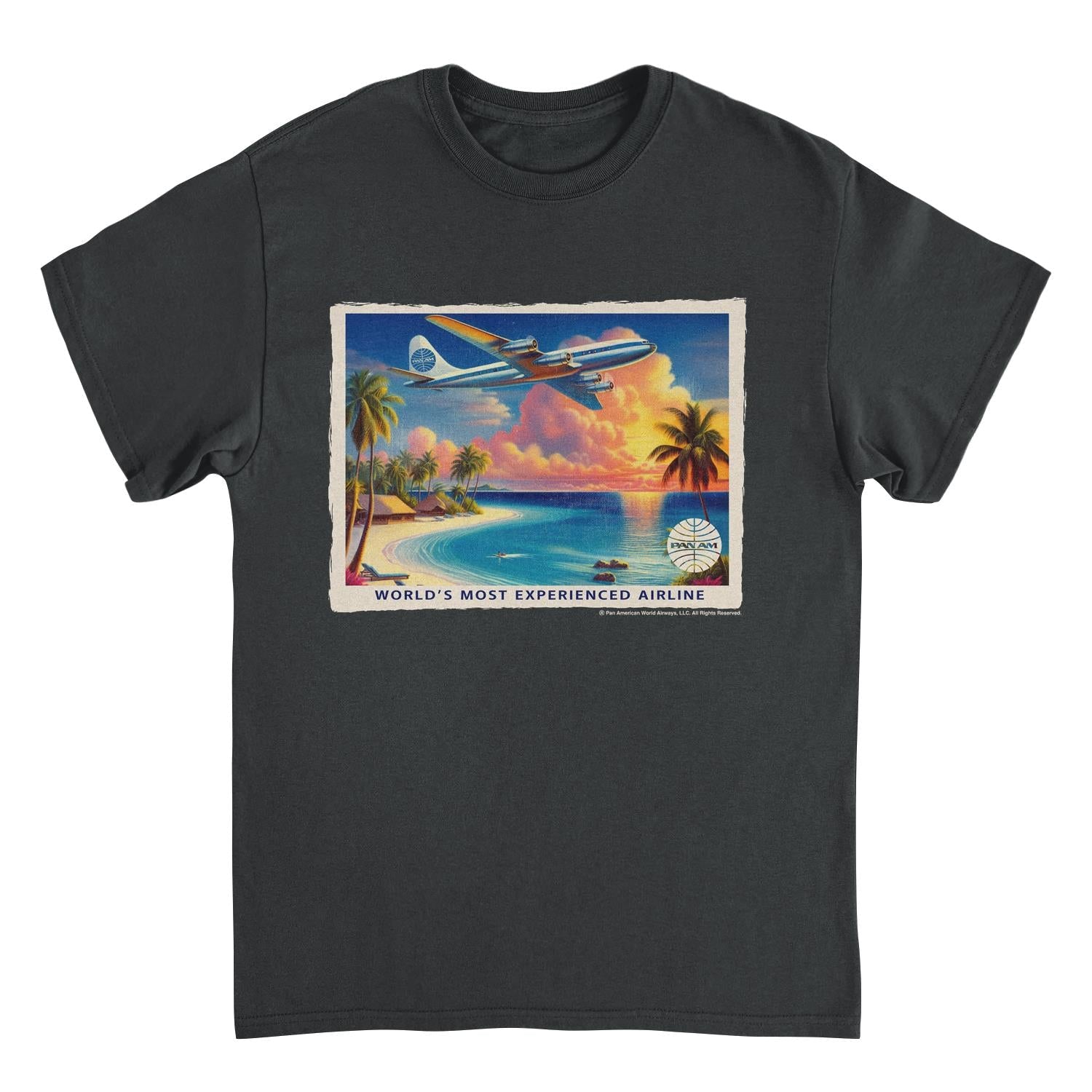 Pan Am Vintage Beach Plane Scene Mens T Shirt Black Officially Licensed