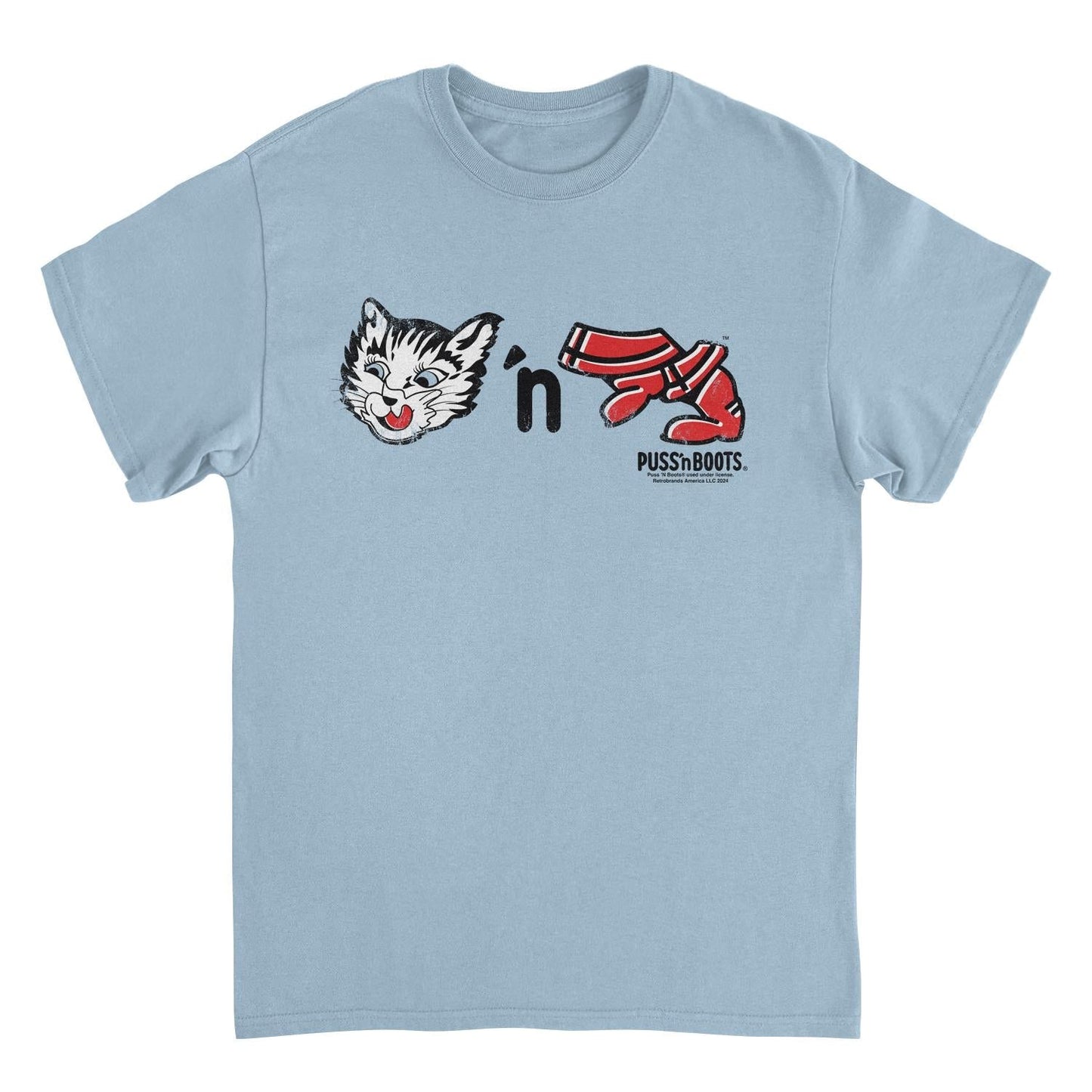 Puss n Boots Retro Cat Food and Boots Mens T Shirt Light Blue Officially Licensed