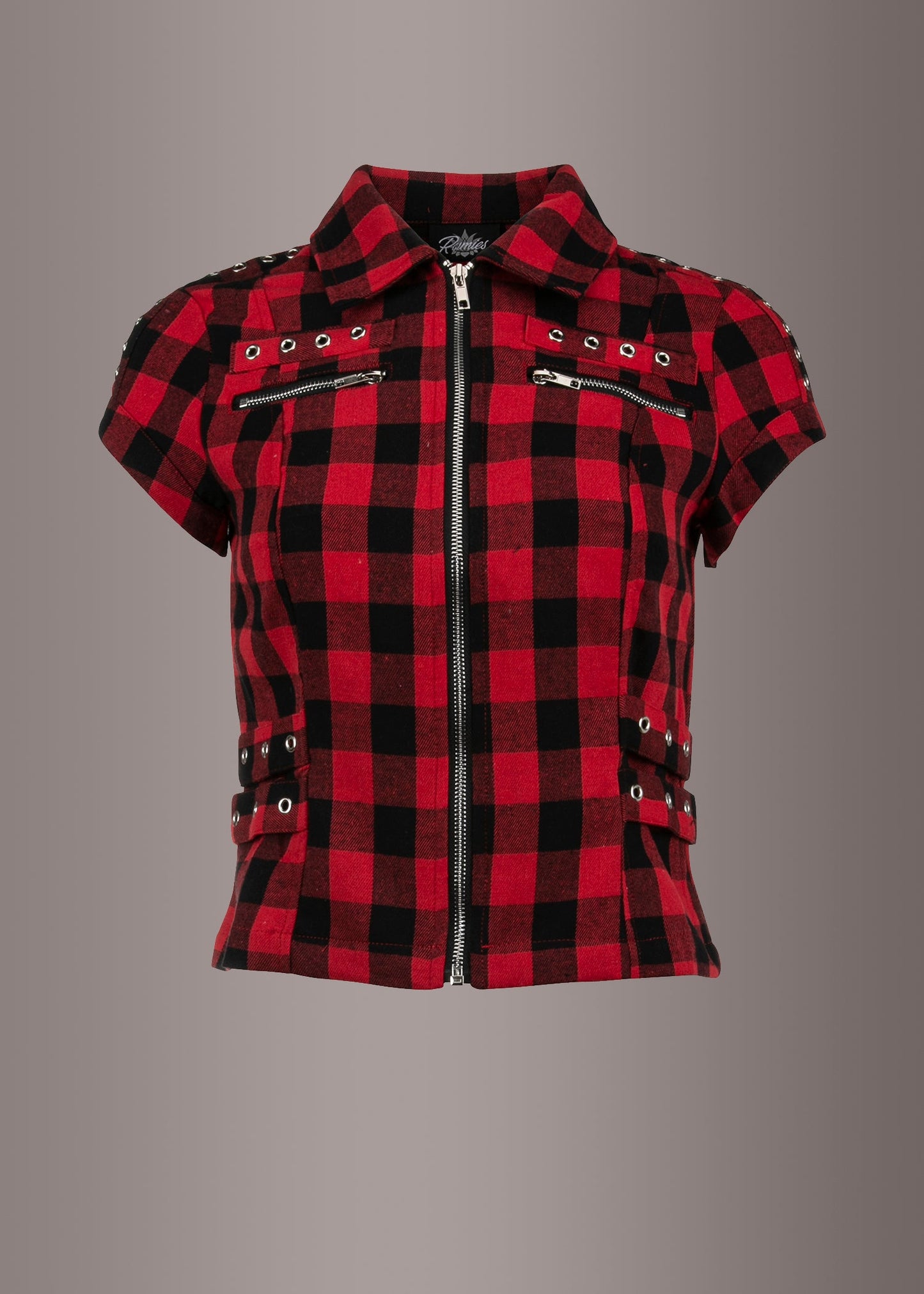 Rebel Yell Checkered Short Sleeve Zippered and Studded Shirt