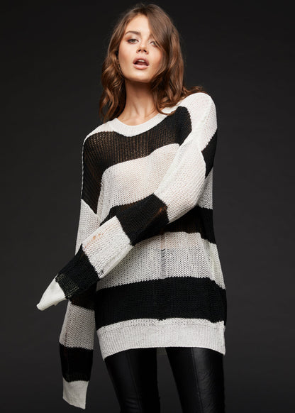 Line Up Black and White Striped Distressed Knit Sweater