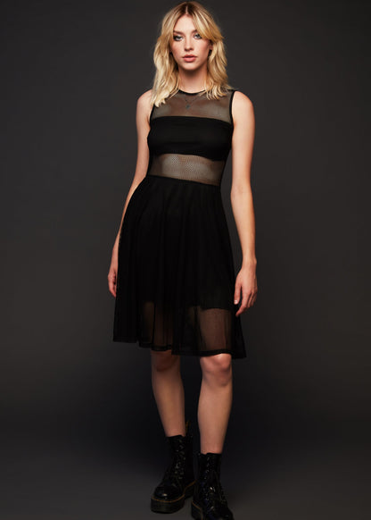 She's Got The Look Black Contrast Mesh A-Line Midi Dress