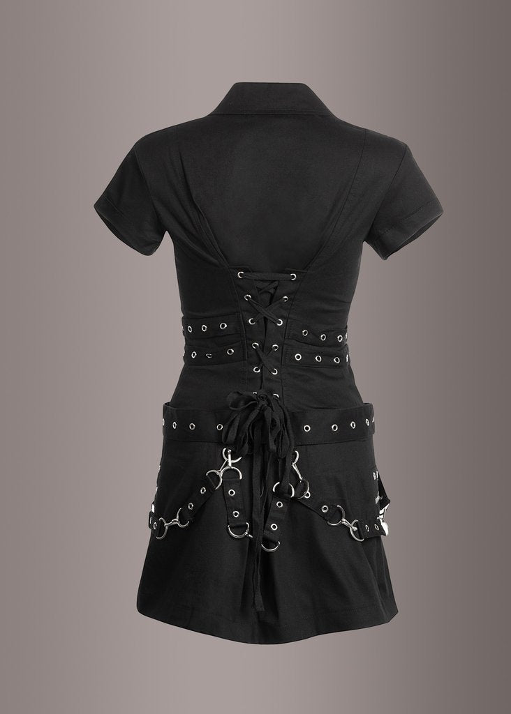 Macabre Heartdrop Goth Mini Dress with Buckles and Lacing