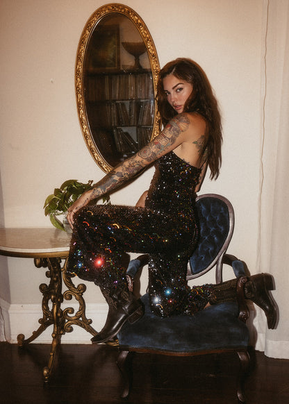 Sleeveless Sequin Jumpsuit With Wide Leg Pants