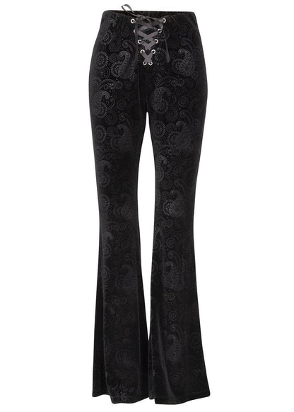 Black Burnout Velvet Satin Lace up Flared Bell Bottom Pants