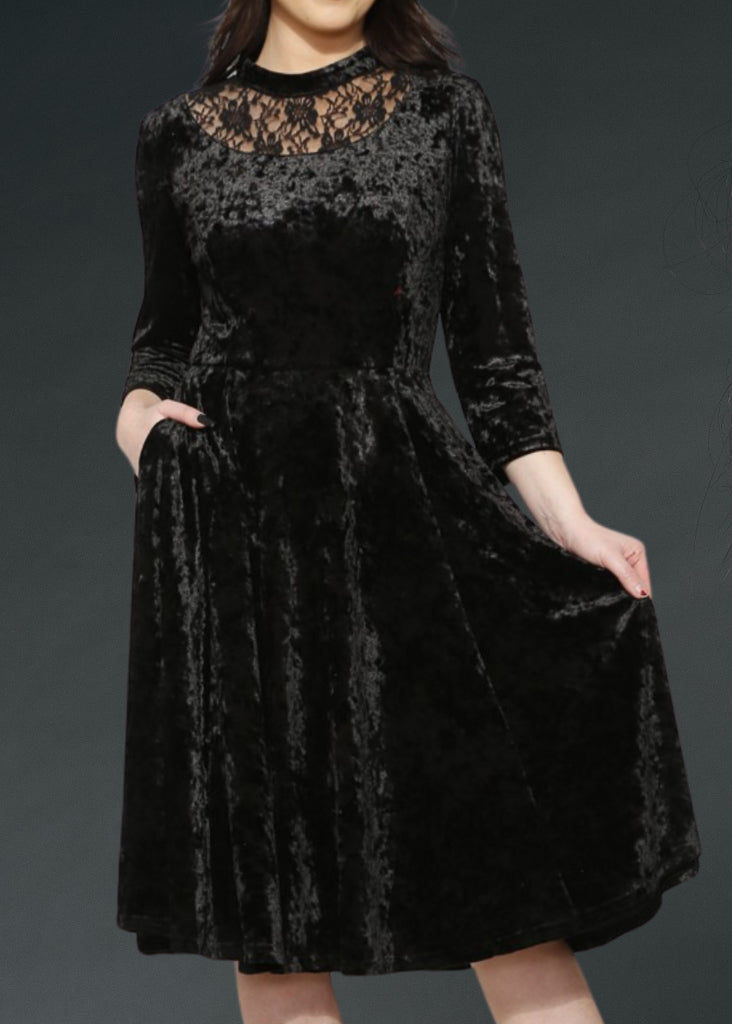 Black Velvet Gothic Dress with Lace Details