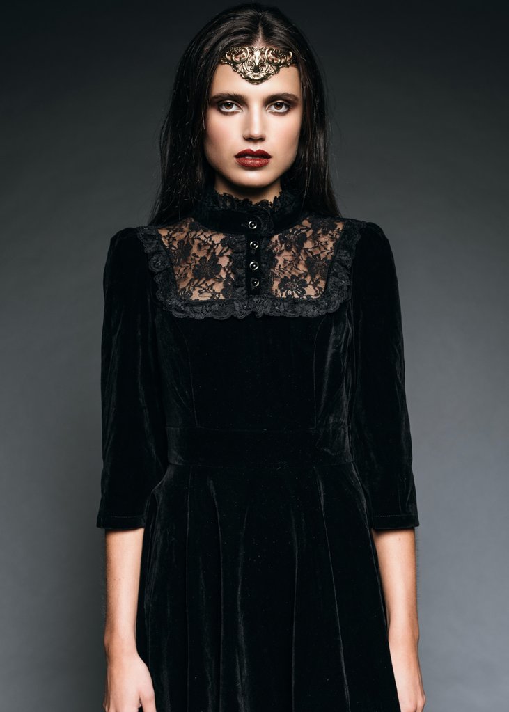 Dark Empress Black Velvet High Collar Dress with Lace Details