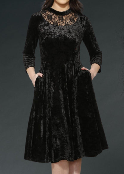 Black Velvet Gothic Dress with Lace Details