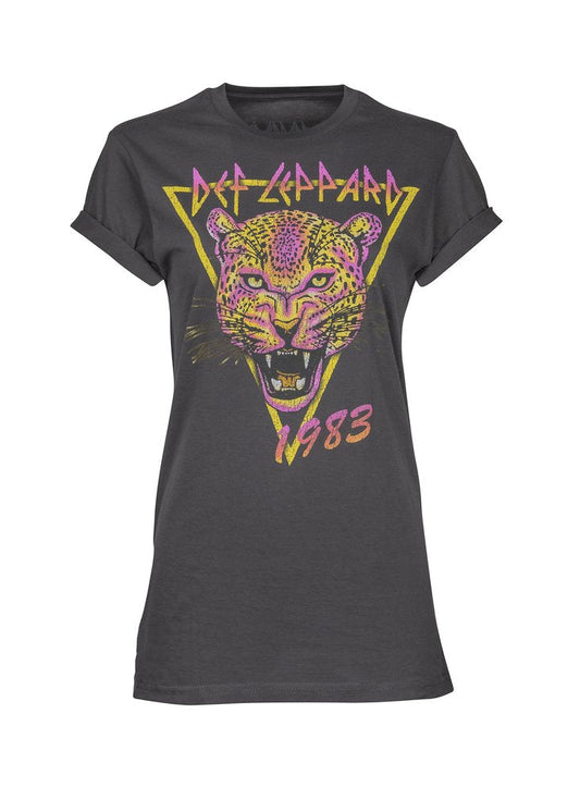 Def Leppard Oversized Neon Cat Band Womens Tee Shirt Charcoal