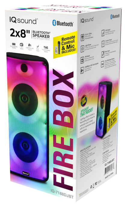 Supersonic 2 x 8" Bluetooth Speaker FIRE BOX with FM Radio and Remote Control (IQ-7188DJBT)