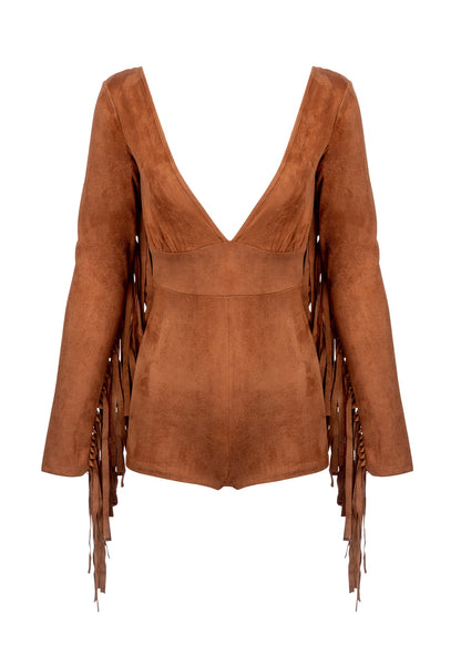 Faux Suede Romper with Fringe Detail and Deep V Neckline