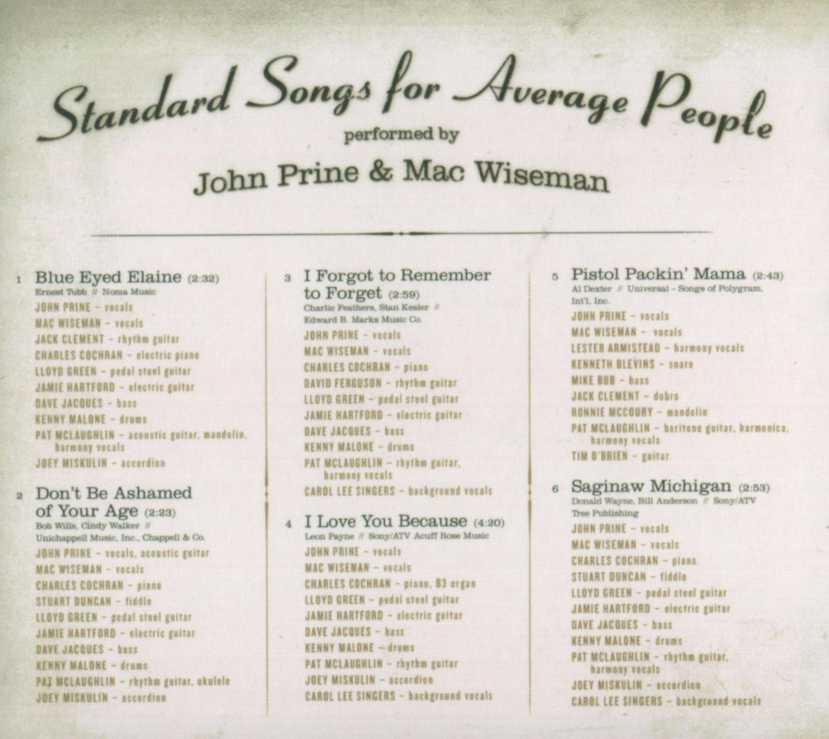 John Prine & Mac Wiseman – Standard Songs for Average People Music CD