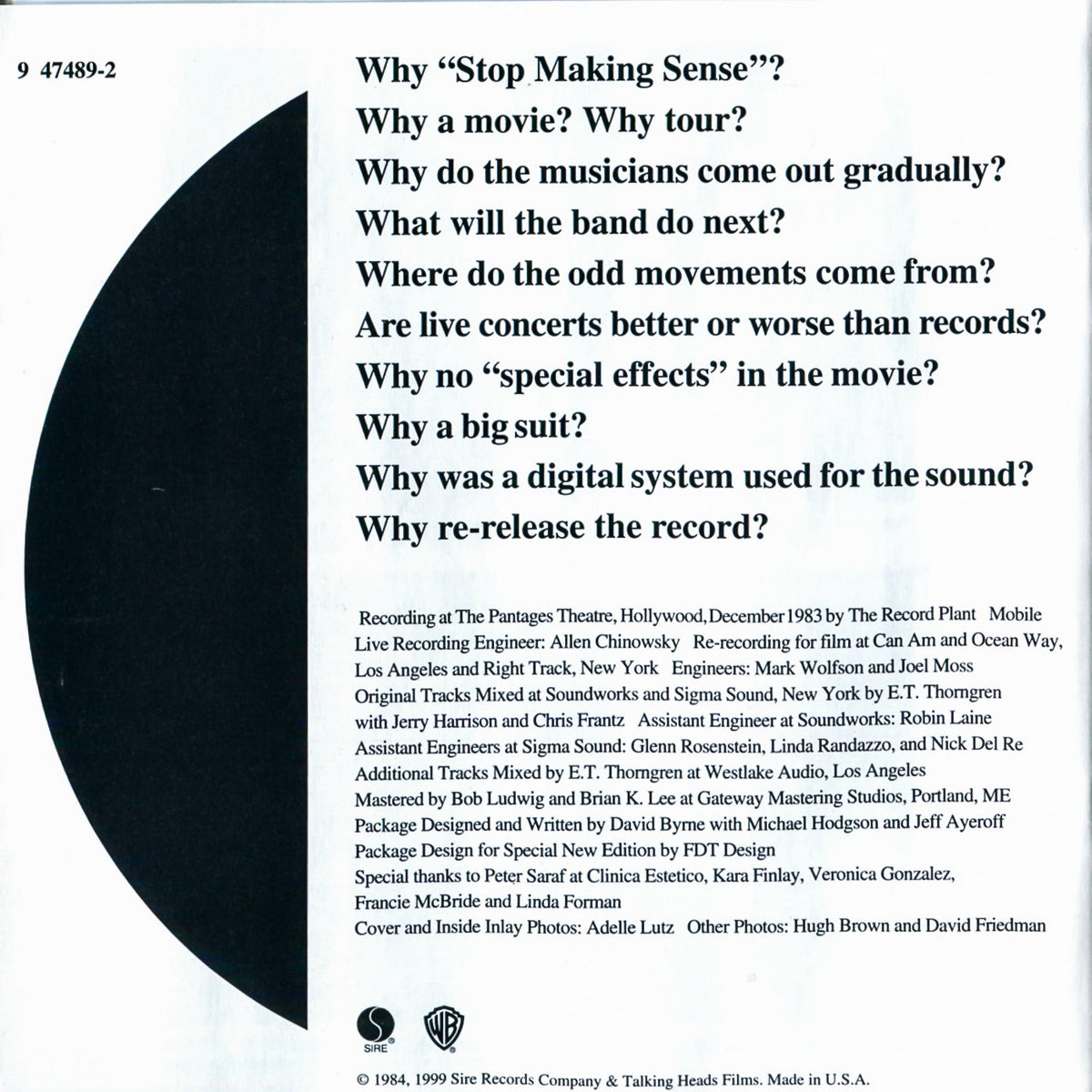 Talking Heads – Stop Making Sense Music CD