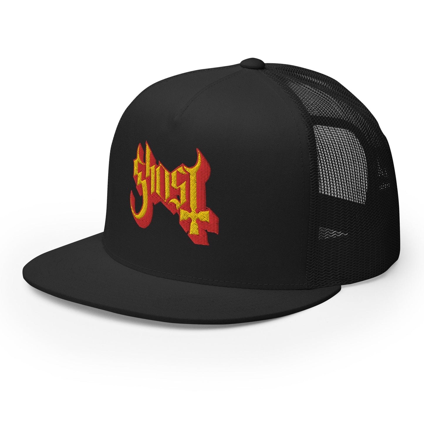 Ghost Logo Flat Brim Adjustable Trucker Hat Black