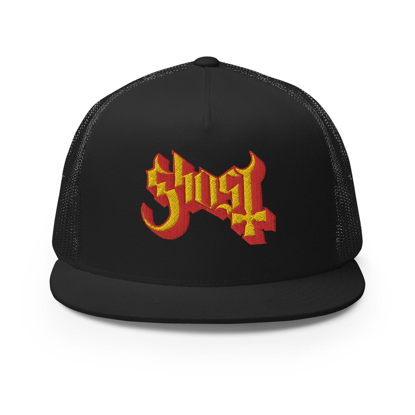 Ghost Logo Flat Brim Adjustable Trucker Hat Black