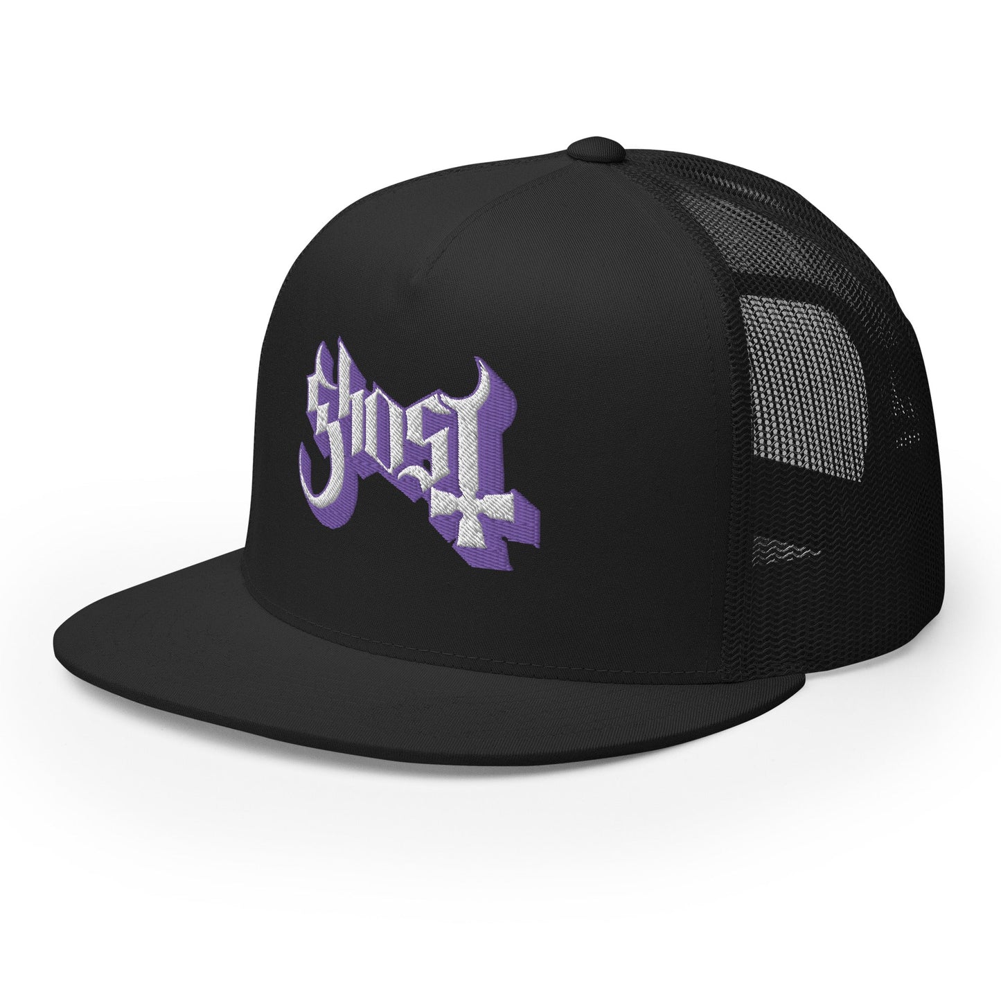 Ghost Logo Flat Brim Adjustable Trucker Hat Black