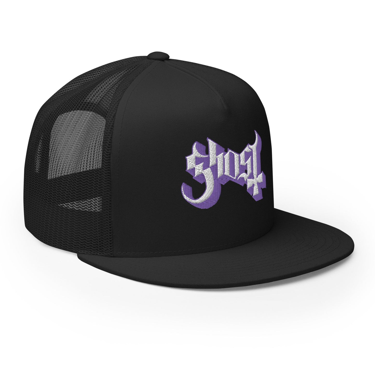 Ghost Logo Flat Brim Adjustable Trucker Hat Black