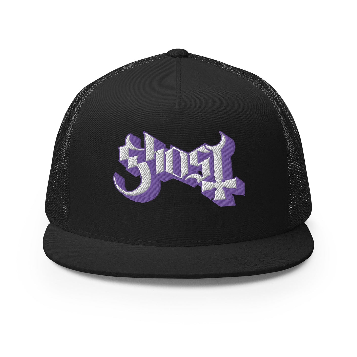 Ghost Logo Flat Brim Adjustable Trucker Hat Black