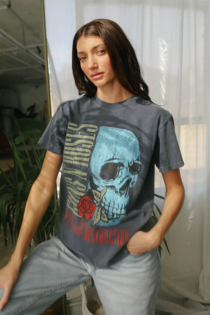 Guns N Roses Flower Skull Womens Tee Shirt Vintage Black