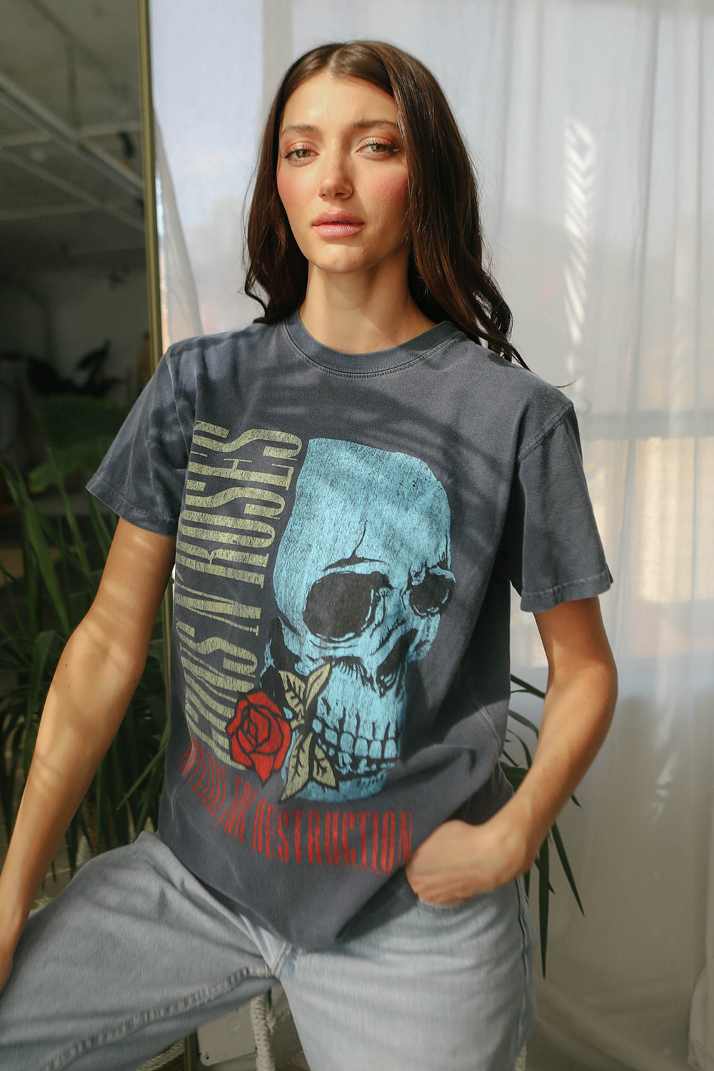 Guns N Roses Flower Skull Womens Tee Shirt Vintage Black