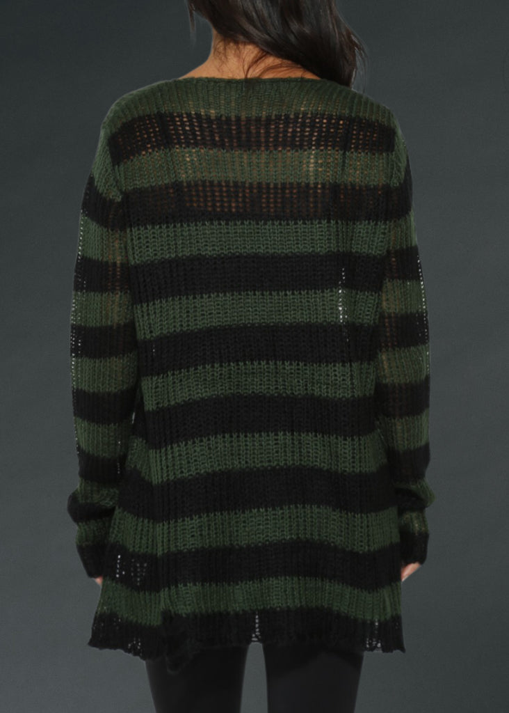 Black and Green Striped Oversized Distressed Knit Sweater