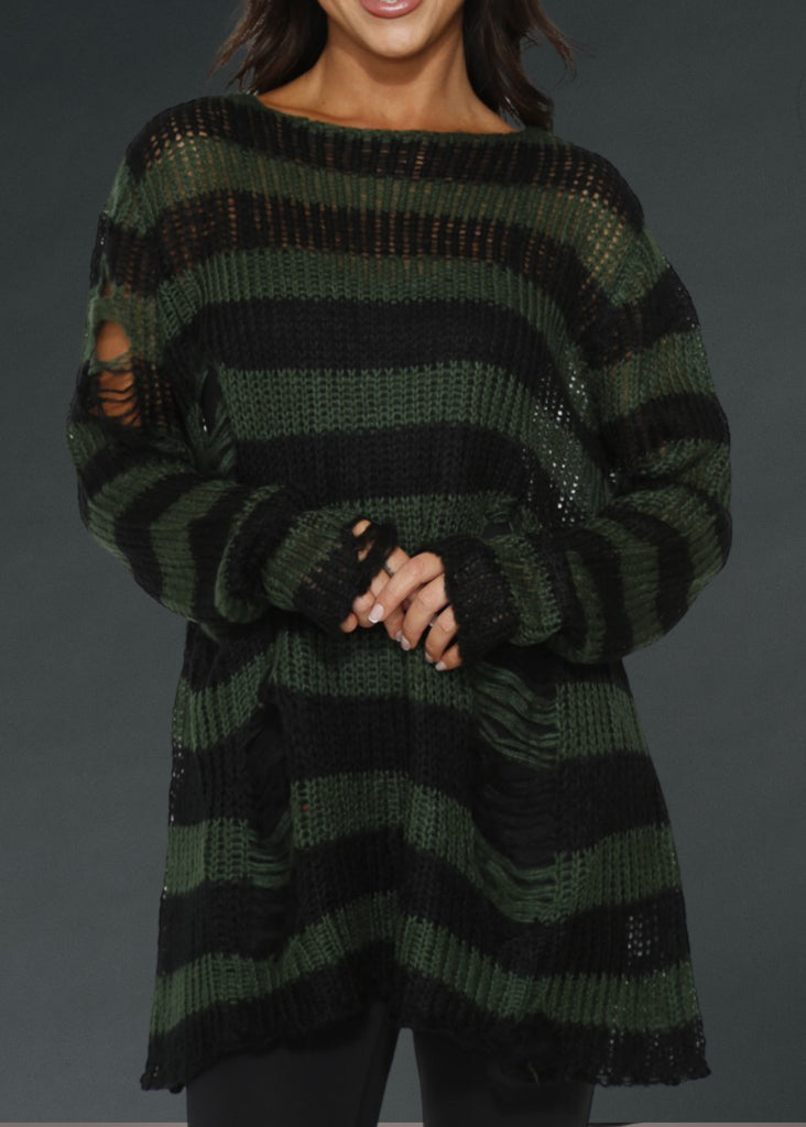 Black and Green Striped Oversized Distressed Knit Sweater