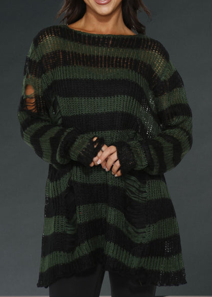 Black and Green Striped Oversized Distressed Knit Sweater