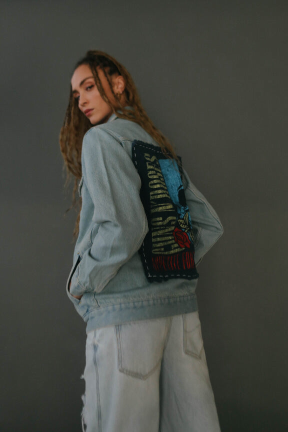 Guns N Roses Flower Skull Hand Stitched Blue Denim Womens Jacket